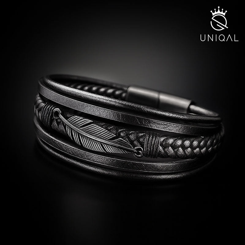 Schwarzes Lederarmband mit Feder Symbol – handgefertigter Look mit edlem Magnetverschluss