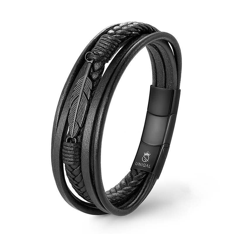 Schwarzes Lederarmband mit Federanhänger und Magnetverschluss – Uniqal Design für Stil und Stärke