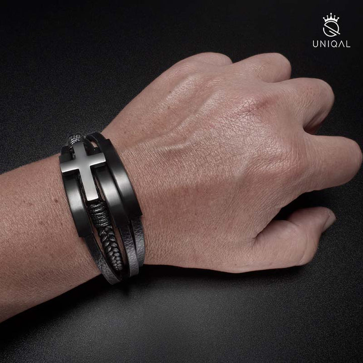 Lederarmband herren mit kreuz schwarz uniqal