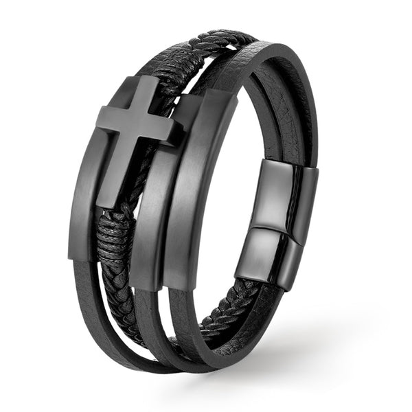Lederarmband herren mit kreuz schwarz uniqal