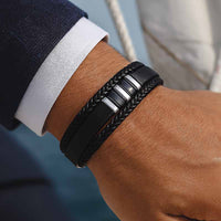 Schwarz-Silber geflochtenes Lederarmband für Herren mit Magnetverschluss