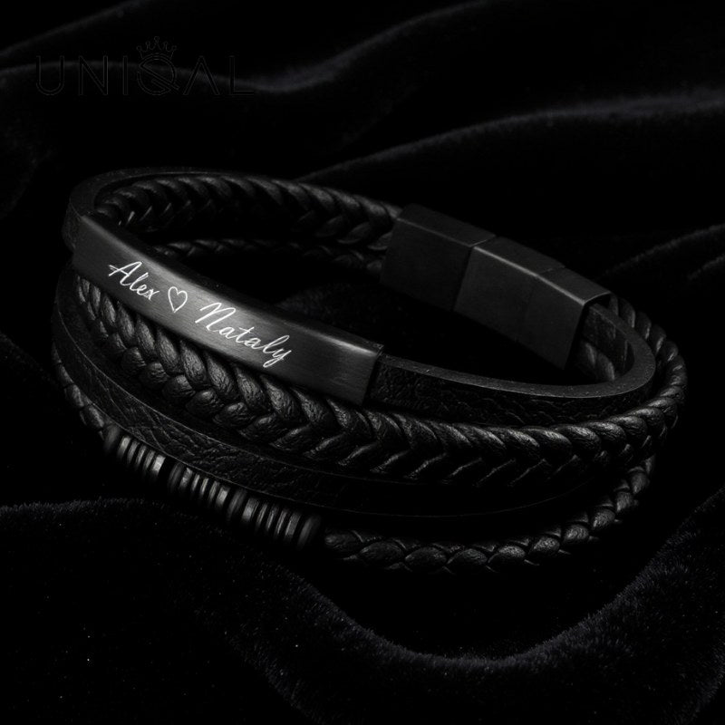 personalisiertes Lederarmband Herren mit gravur schwarz uniqal