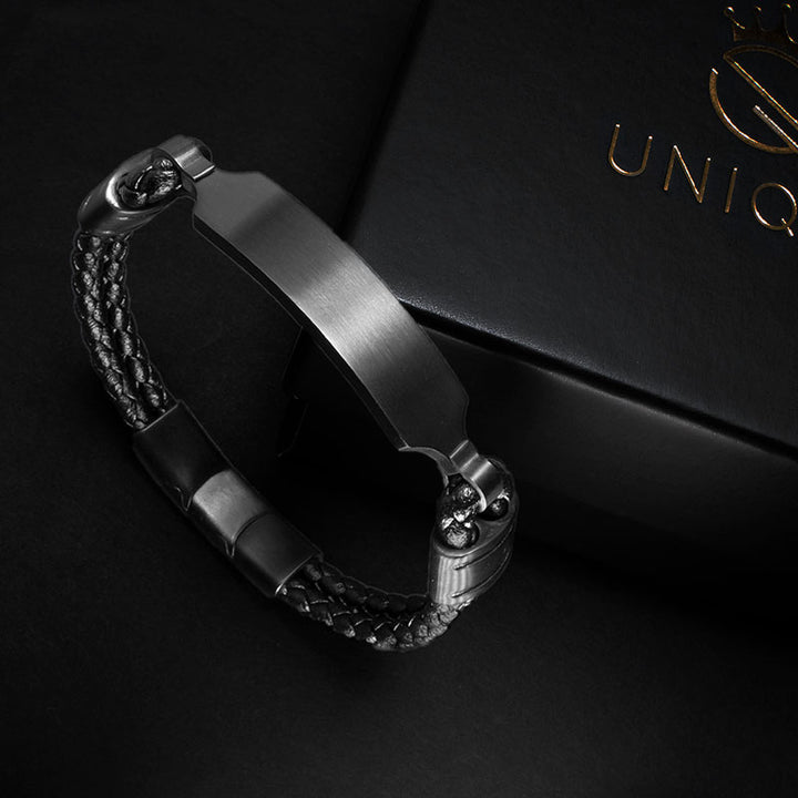 Personalisiertes schwarzes Armband Leder Herren Uniqal