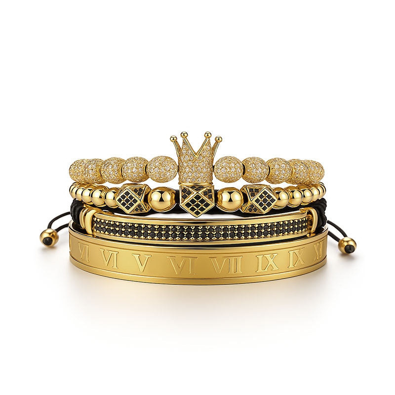 Royal Armbandset Herren vergoldet Zirkonia-Kupferkugel handgestricktes geflochtenes Seil
