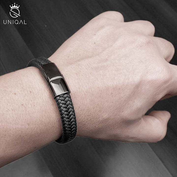 Schwarzes Lederarmband Herren magnet Uniqal