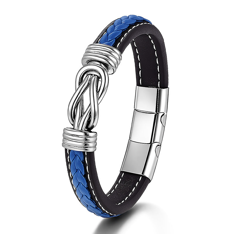 Blau geflochtenes Uniqal Lederarmband mit Edelstahl Unendlichkeitselement – Symbol für Stärke und Vertrauen.