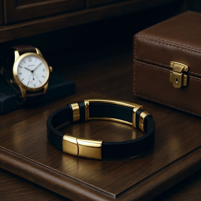 Golden veredeltes Uniqal Lederarmband für Herren mit Gravur und Freimaurer Design