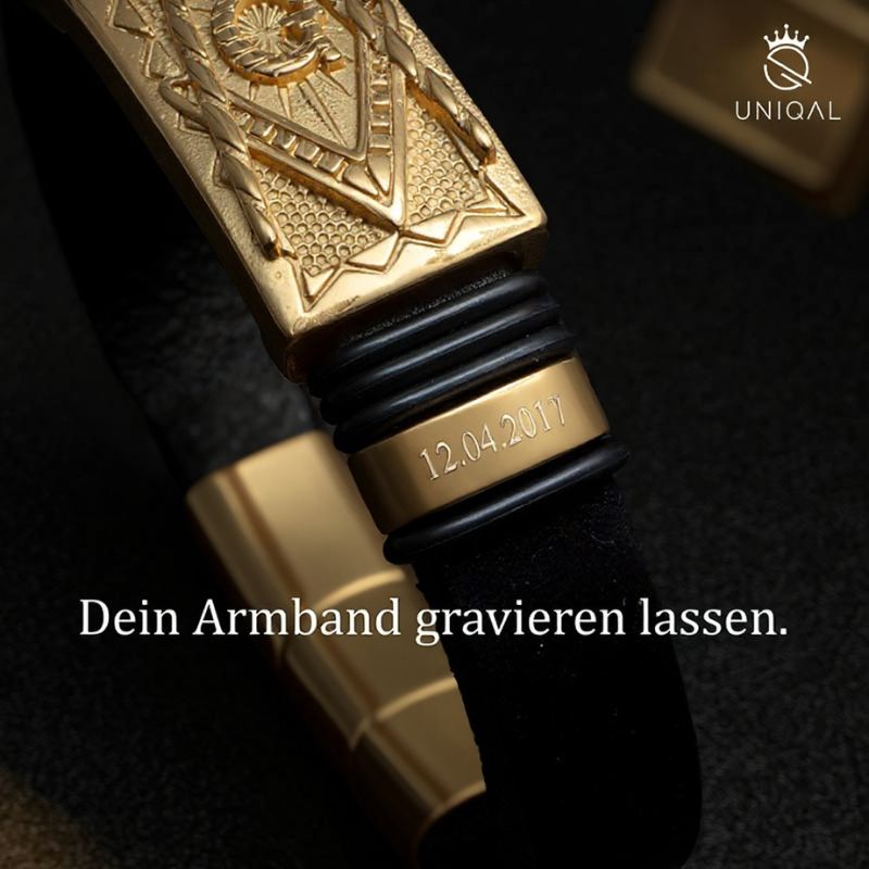 Luxuriöses Gold Herren Lederarmband mit personalisierbarer Gravur von Uniqal