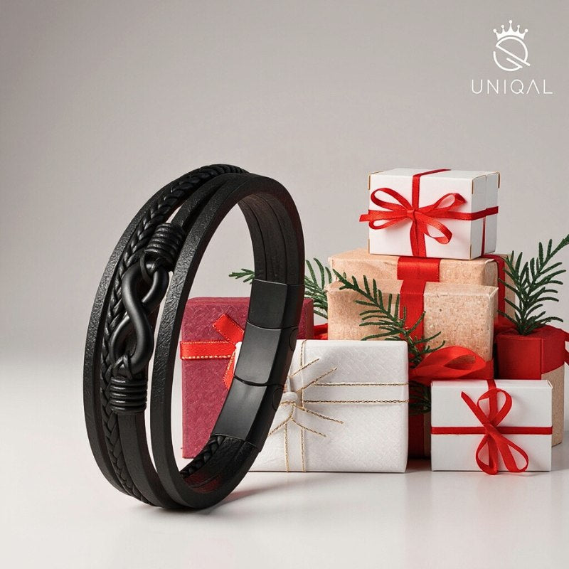 Handgefertigtes Unisex Lederarmband mit schwarzem Infinity-Element aus Edelstahl – perfekte Geschenkidee für besondere Anlässe.