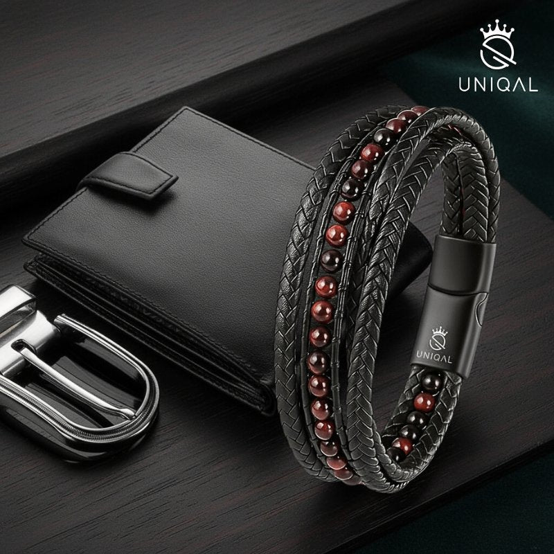 Modernes Uniqal Accessoire mit rotem Tigerauge, präsentiert auf schwarzem Hintergrund – Symbol für Dynamik und Selbstbewusstsein.