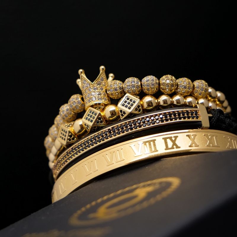  Royal Armbandset Herren vergoldet Zirkonia-Kupferkugel handgestricktes geflochtenes Seil