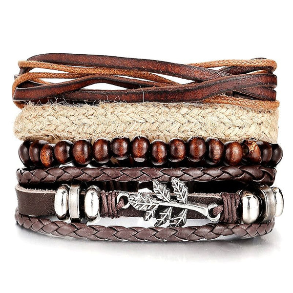 Braunes Set Leder Stoffarmband Holzperlen Unisex Vintage Handmade 