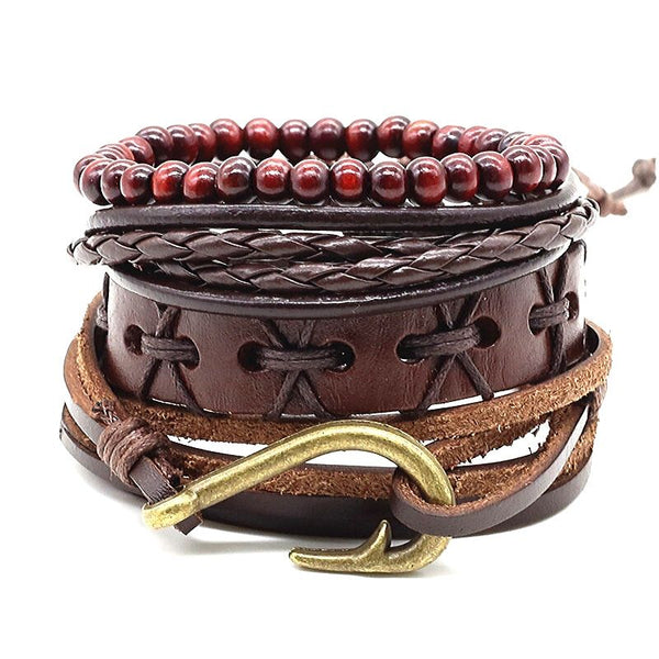 Fisch Hook Lederarmband Modeschmuck Wickelarmband  Edelstahl Holzperlen Schiebeknoten burgundibraun