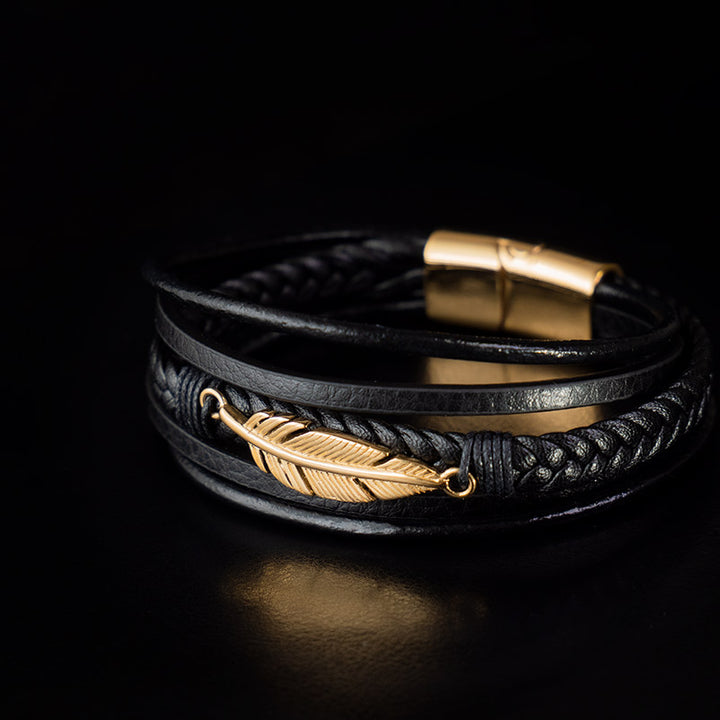 Herren-Damen Echtleder Armband Feder Anhaenger Edelstahl 