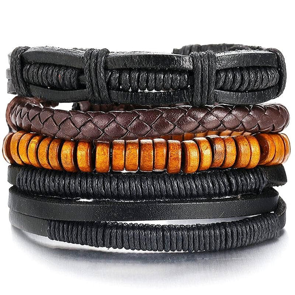 Herren Lederarmbänder geflochten mit Holzperlen Modeschmuck in Schwarz Braun