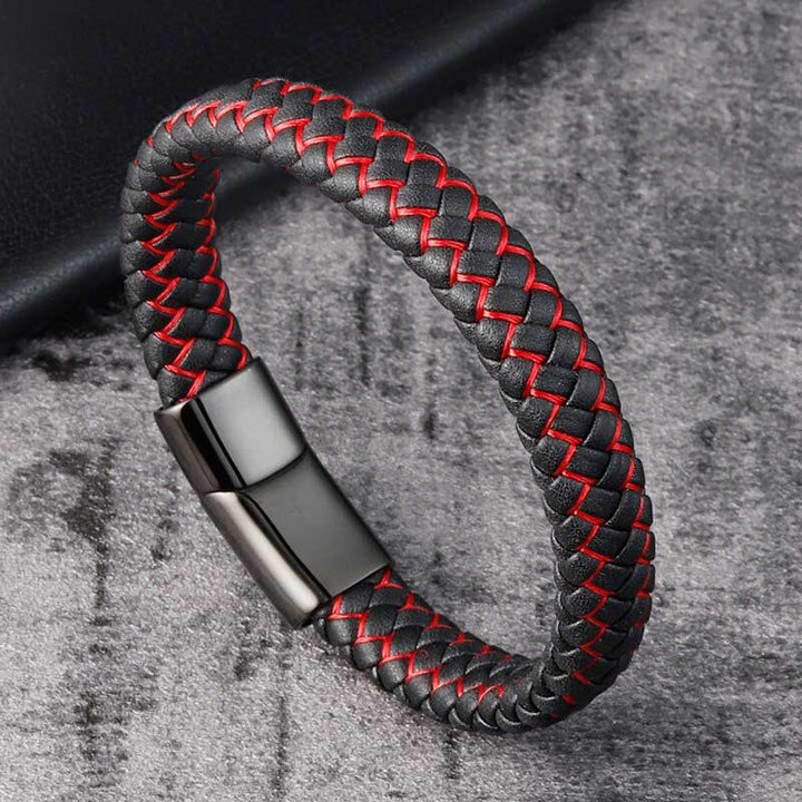 Herrenarmband Echtleder Rot-Schwarz geflochten Magnetverschluss Edelstahl TOP VERKAUF