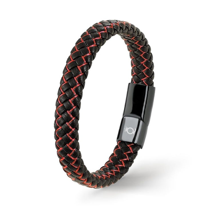 Herrenarmband Echtleder Rot-Schwarz geflochten Magnetverschluss Edelstahl TOP VERKAUF