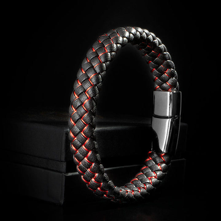 Herrenarmband Echtleder Rot-Schwarz geflochten Magnetverschluss Edelstahl TOP VERKAUF