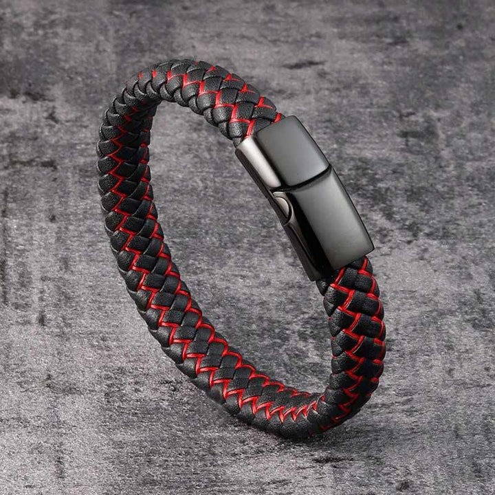 Herrenarmband Echtleder Rot-Schwarz geflochten Magnetverschluss Edelstahl TOP VERKAUF