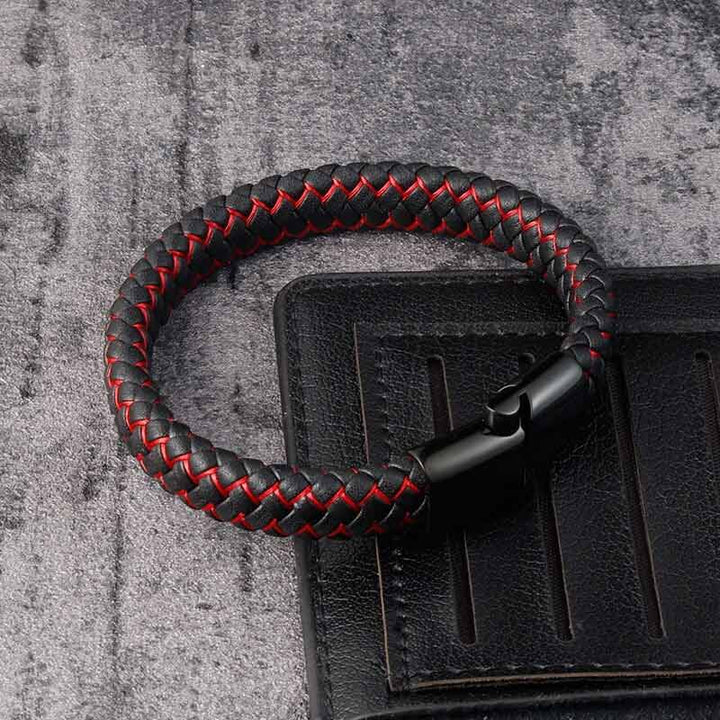 Herrenarmband Echtleder Rot-Schwarz geflochten Magnetverschluss Edelstahl TOP VERKAUF