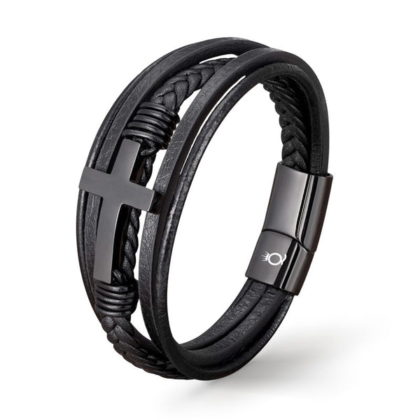 Kreuz armband schwarz herren jesus leder uniqal