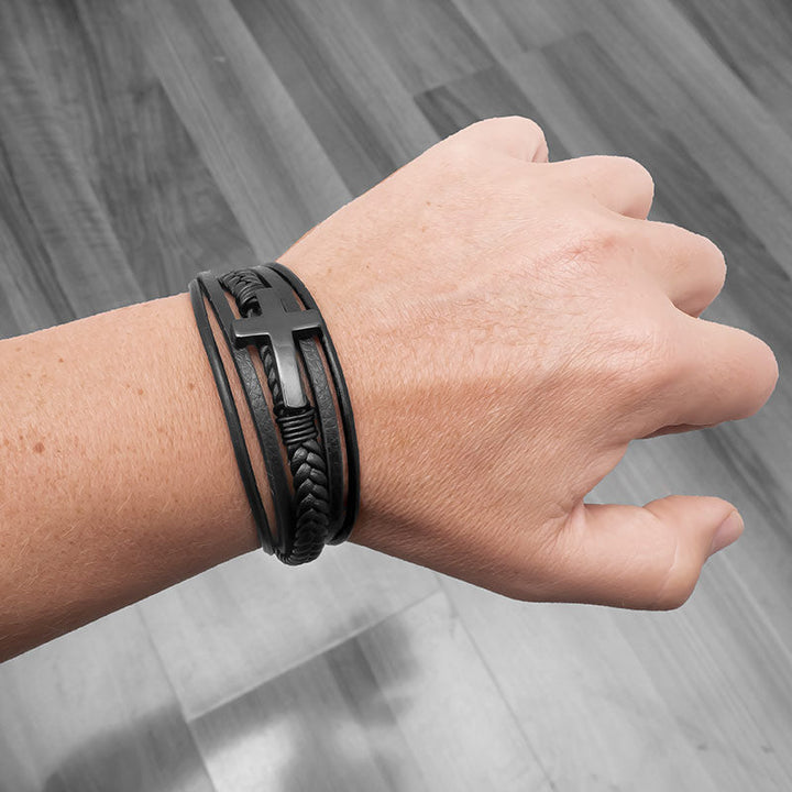 Kreuz armband schwarz herren jesus leder uniqal