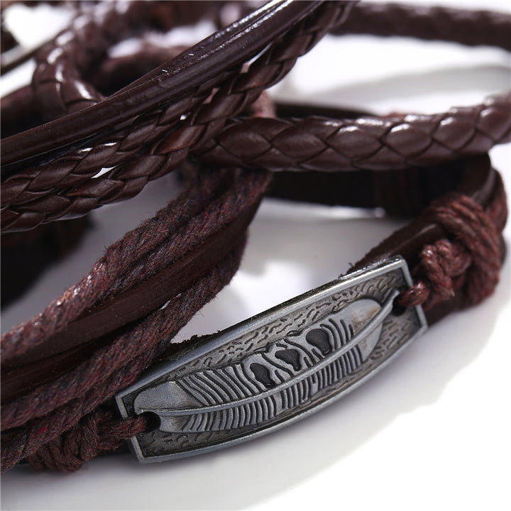 Lederarmbänder 4-er Set Wrap Stoff Edelstahl Schiebeknoten