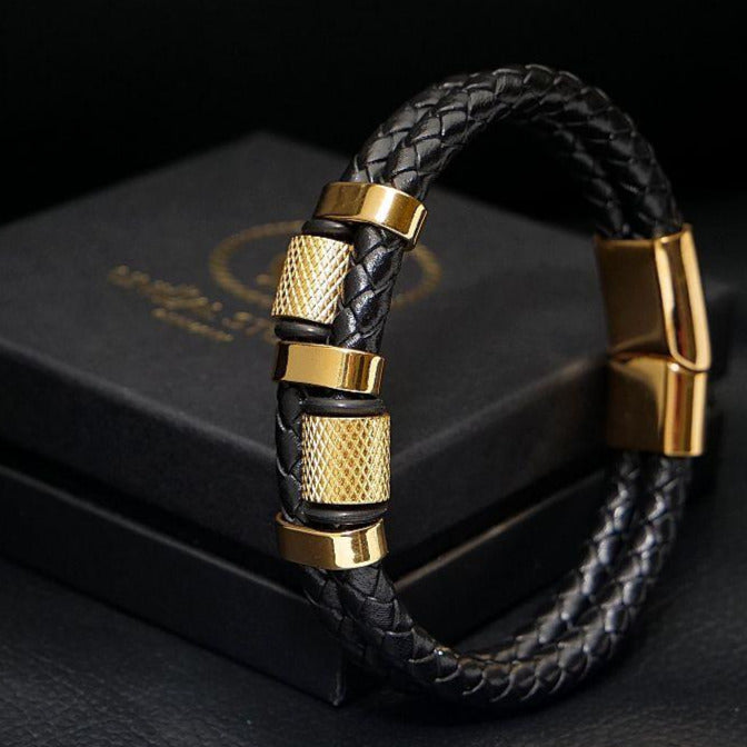 Lederarmband Herren Gold Echtleder Edelstahl Magnetverschluss uniqal