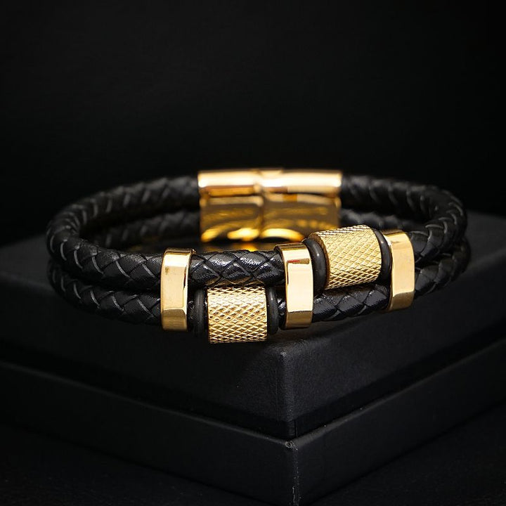 Lederarmband Herren Gold Echtleder Edelstahl Magnetverschluss uniqal