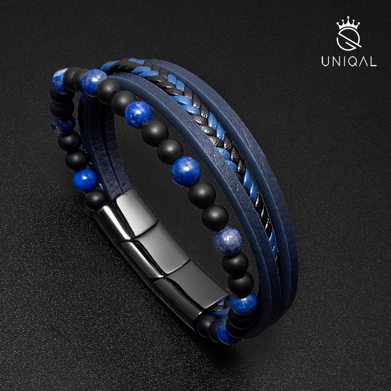 perlenarmband leder blau herren uniqal lapis azuli