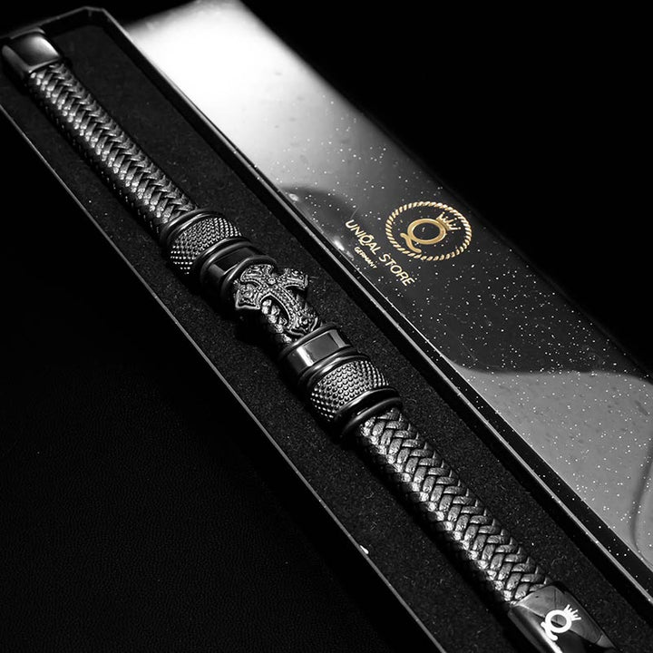 schwarzes lederarmband herren mit kreuz uniqal