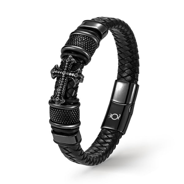 schwarzes lederarmband herren mit kreuz uniqal