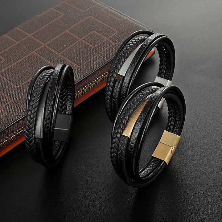 Herren Echtlederarmband Plate Silber Edelstahl Magnetverschluss Luxus  TOP verkauft