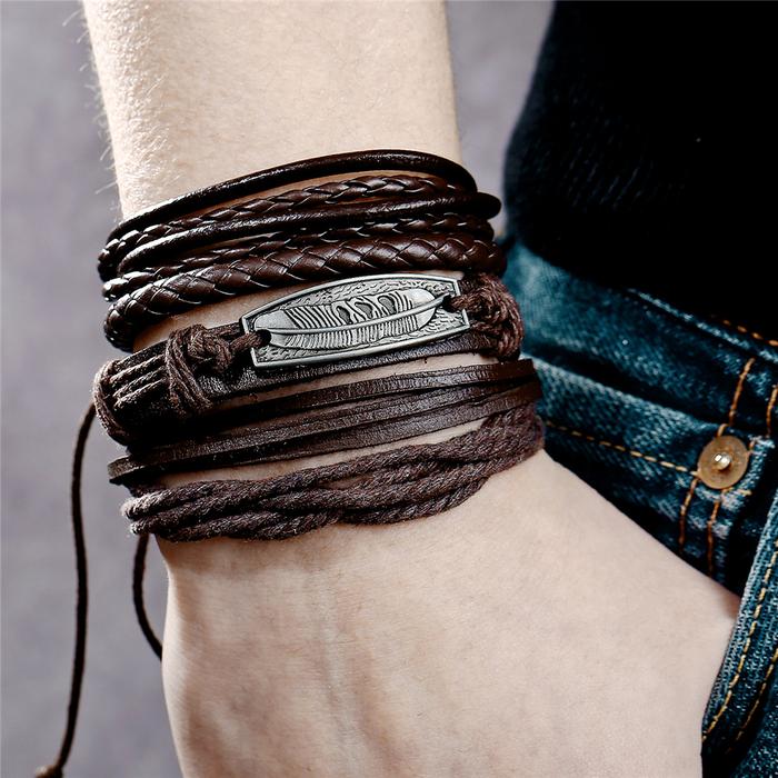 Multistraps braun Leder Edelstahl Seil Stoff Armband Hand