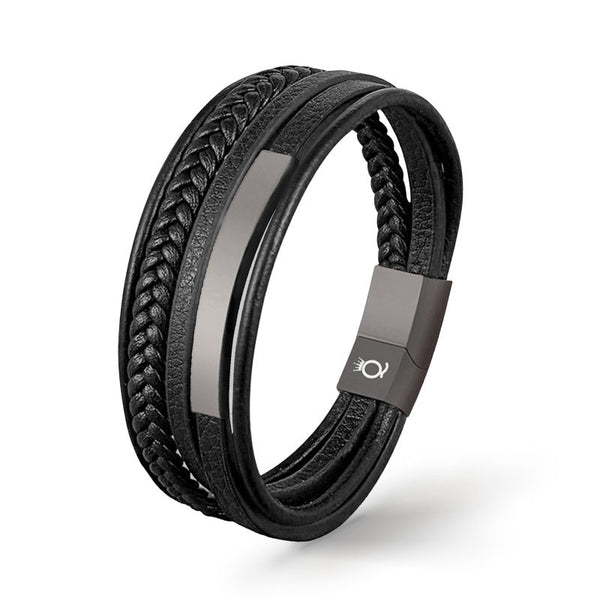 Personalisiertes Lederarmband Herren Damen mit Gravur Schwarz Platte Edelstahl Magnetverschluss uniqal