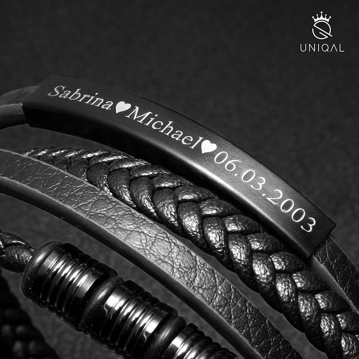 personalisiertes Lederarmband Herren mit gravur schwarz uniqal