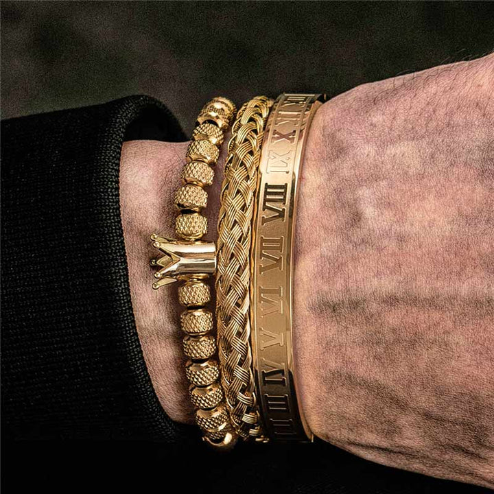 Royal Armbandset Herren vergoldet Zirkonia-Kupferkugel handgestricktes geflochtenes Seil