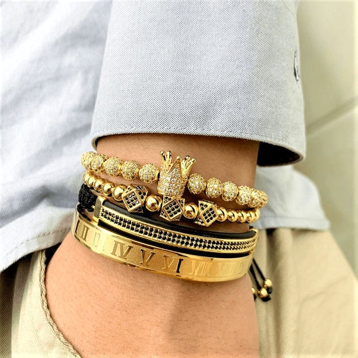  Royal Armbandset Herren vergoldet Zirkonia-Kupferkugel handgestricktes geflochtenes Seil