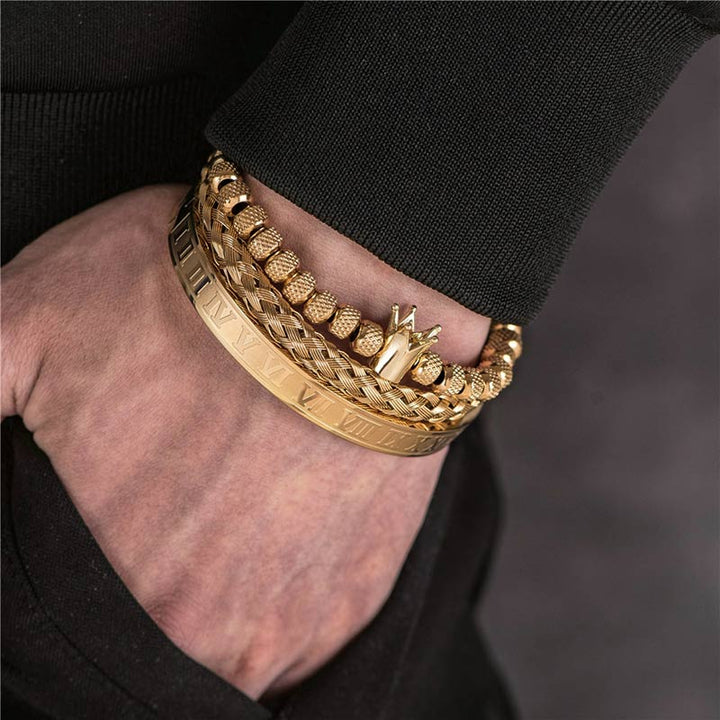  Royal Armbandset Herren vergoldet Zirkonia-Kupferkugel handgestricktes geflochtenes Seil