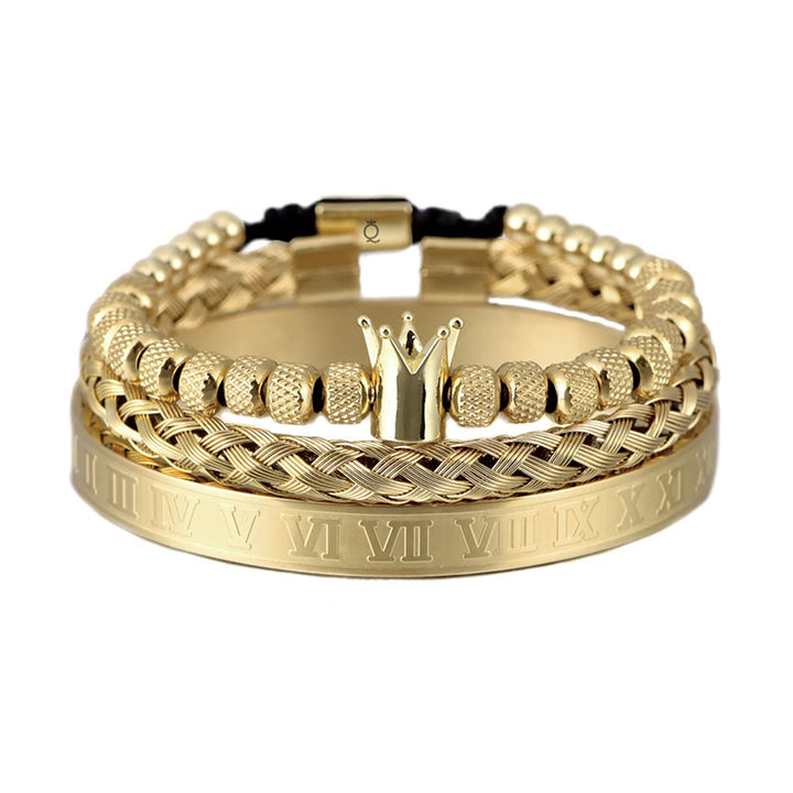  Royal Armbandset Herren vergoldet Zirkonia-Kupferkugel handgestricktes geflochtenes Seil