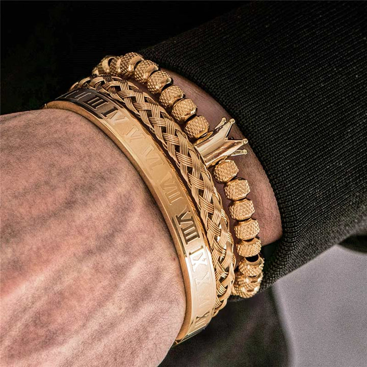  Royal Armbandset Herren vergoldet Zirkonia-Kupferkugel handgestricktes geflochtenes Seil Royal Armbandset Herren vergoldet Zirkonia-Kupferkugel handgestricktes geflochtenes Seil