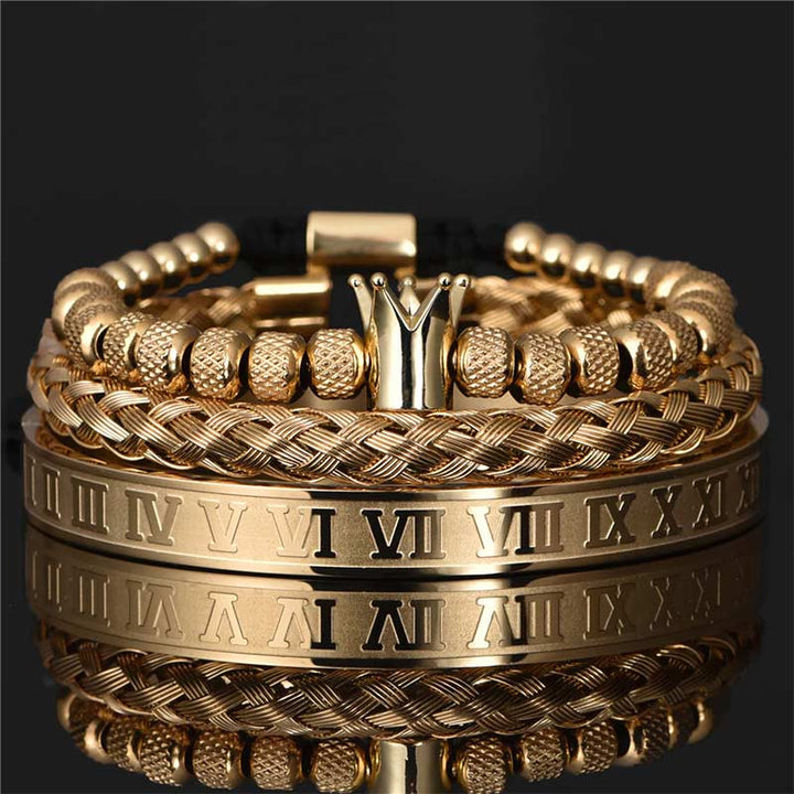  Royal Armbandset Herren vergoldet Zirkonia-Kupferkugel handgestricktes geflochtenes Seil