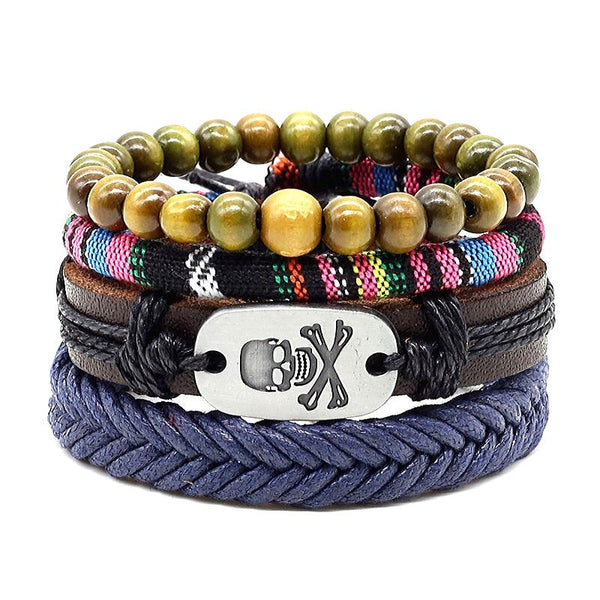 SKULL Set Armbänder mit Edelstahlcharme Totenkopf und Schiebeknotenverschluss, Leder, Stoff, Holzperlen hippie unisex Geschenk
