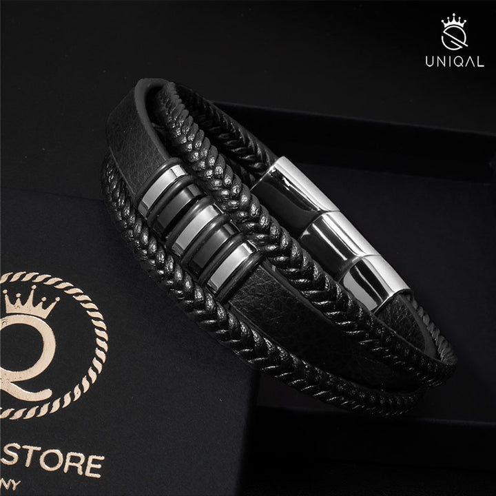 Schwarz-Silber geflochtenes Lederarmband für Herren mit Magnetverschluss