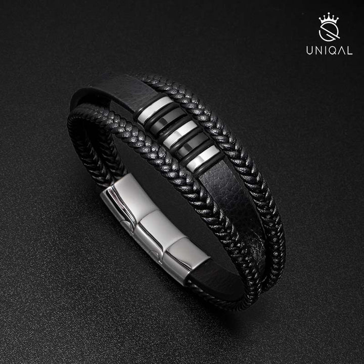 Schwarz-Silber geflochtenes Lederarmband für Herren mit Magnetverschluss
