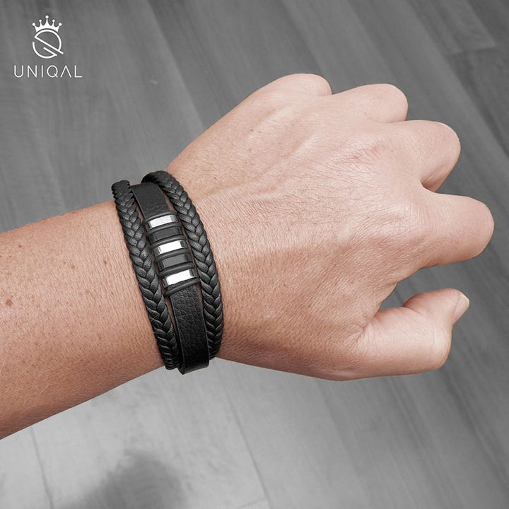 Schwarz-Silber geflochtenes Lederarmband für Herren mit Magnetverschluss