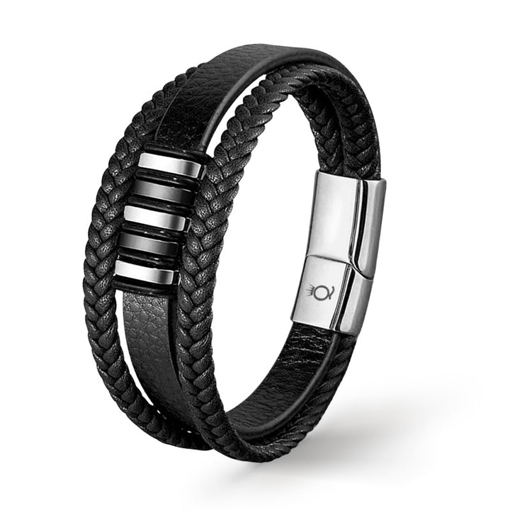 Schwarz-Silber geflochtenes Lederarmband für Herren mit Magnetverschluss