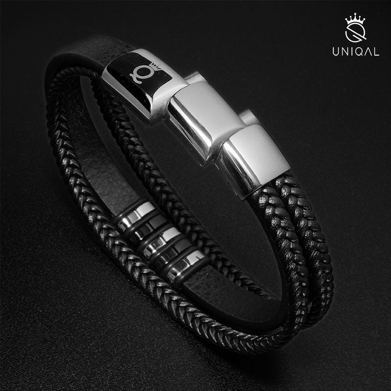 Schwarz-Silber geflochtenes Lederarmband für Herren mit Magnetverschluss