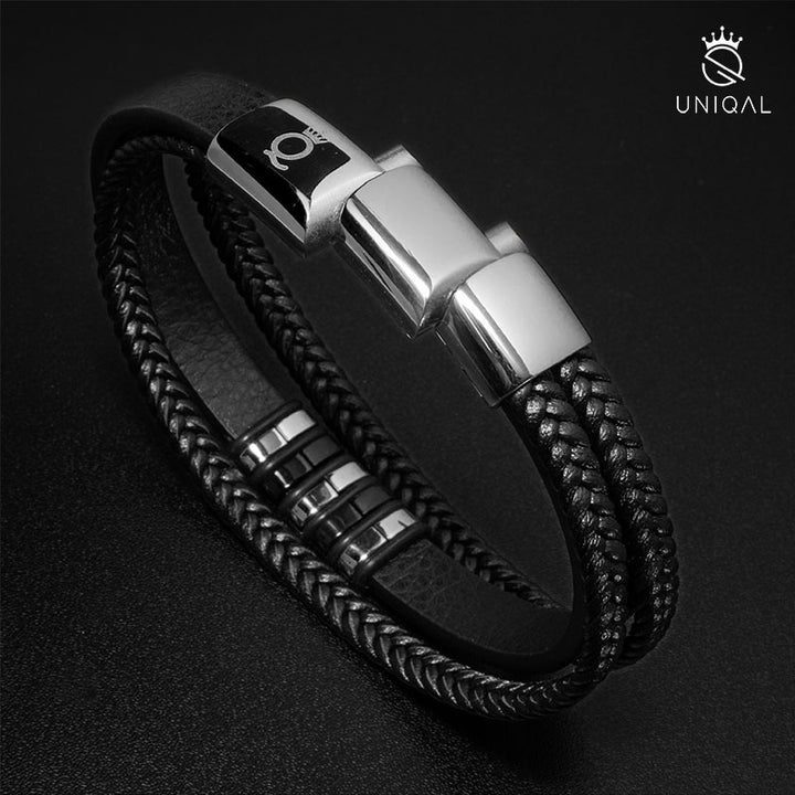 Schwarz-Silber geflochtenes Lederarmband für Herren mit Magnetverschluss