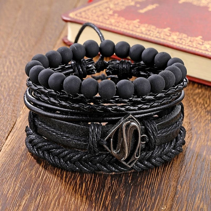4-er Set Lederarmbänder aus Leder Holz und Stoff mit Edelstahlanhänger und Schiebeknotenverschluss